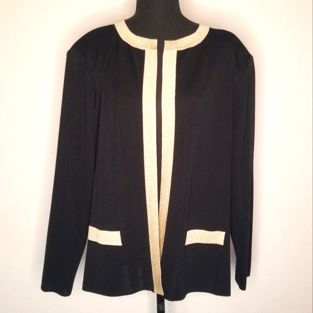 Vintage Exclusively Misook black knit cardigan gold trim open front L